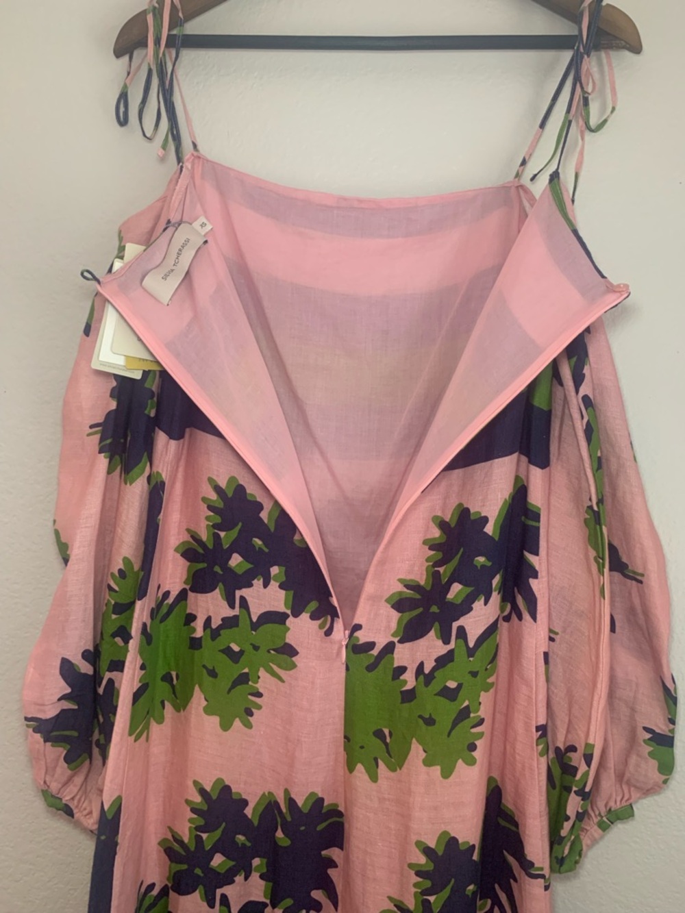 Silvia Tcherassi Oristano Off-Shoulder Linen Dress Navy Pink Blossom Floral Midi - Picture 6 of 15